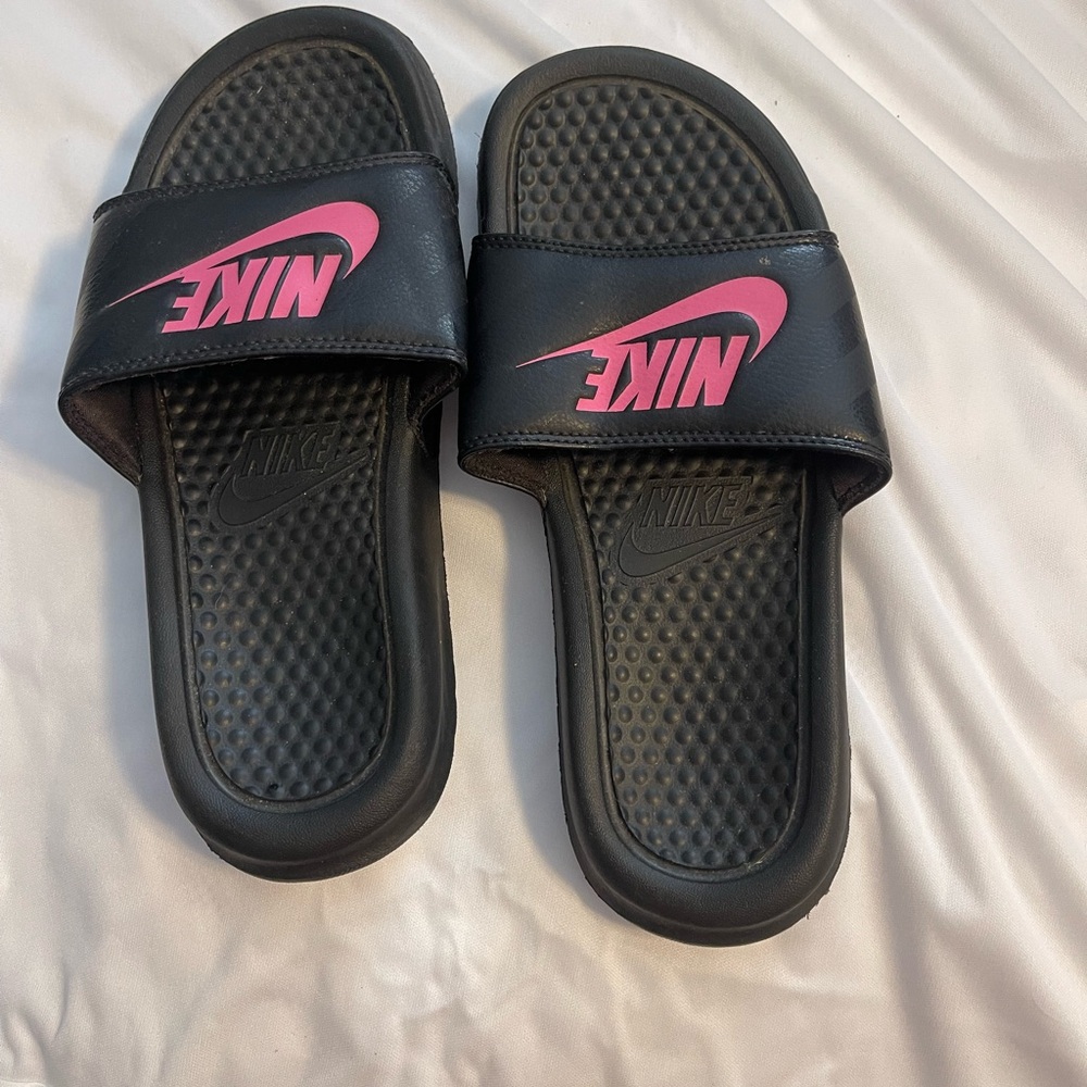 Nike Black and Pink Slide Sandals